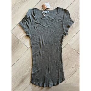SUNDRY Ribbed Crew Neck Short Sleeve Top, Relaxed Fit, Olive Green
